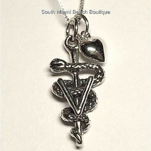 Sterling Silver Veterinarian Caduceus Necklace Doctor Vet Tech Graduation Gift - Picture 10 of 12